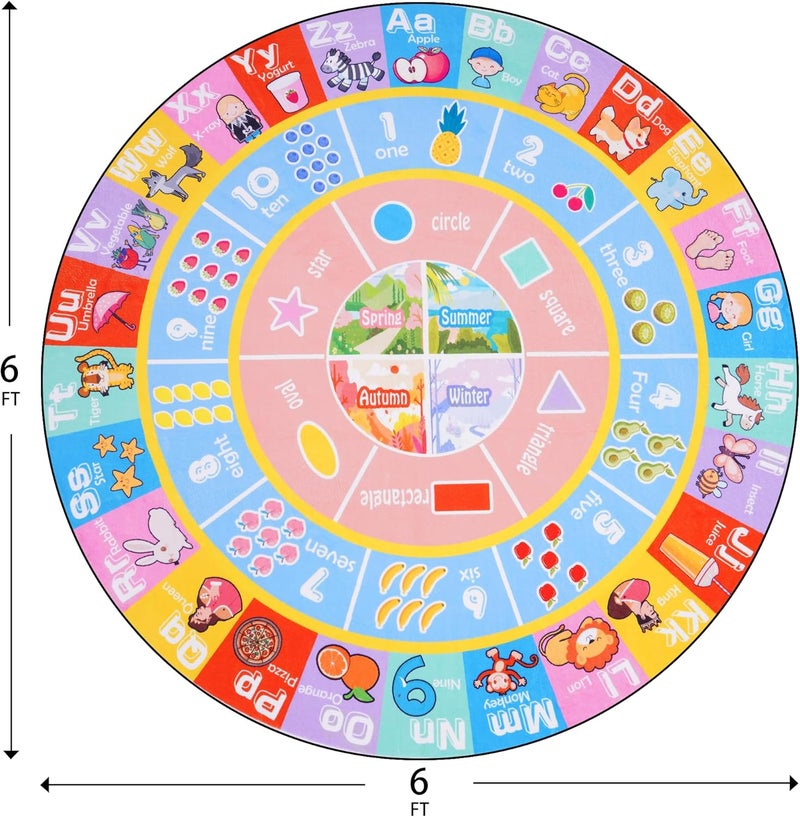 OHDS Kids Rugs for Playroom - Soft & Non-Slip 6x6 Feet Round Educational Rug for Learning ABC Alphabet, Numbers, Shapes & Season, Washable Classroom Rug for Toddler Nursery & Kids Room Decor - Image 2
